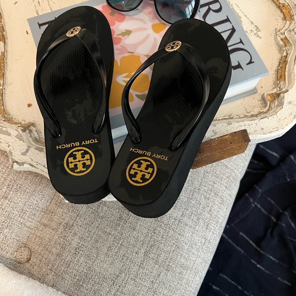 Tory Burch Black and Gold Flip-Flops